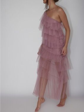 Selfie Leslie Arrabel Tiered Ruffle Tulle One-Shoulder Maxi Dress Pink Large